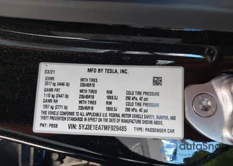 2021 Tesla Model 3 Standard Range Plus Rear-Wheel Drive из США, поврежденный, VIN 5YJ3E1EA7MF929485
